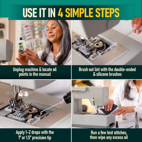 Crystal Clear 3.4 Oz Sewing Machine Oil Set With 1 Inch And 1.5 Inch Precision Applicators And Five Deep Cleaning Brushes For Quiet, Smooth, Gummed Free Operation Of Your Sewing Machine. 4-step use guide