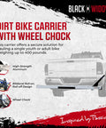 Motorcycle Hitch Carrier With Wheel Chock And Loading Ramp, Beefy Aluminum Build, 400 Lb Capacity, Anti-Rattle Design, Fits 2 Inch Receiver For Quick Trail Or Street Rides shown on a truck.