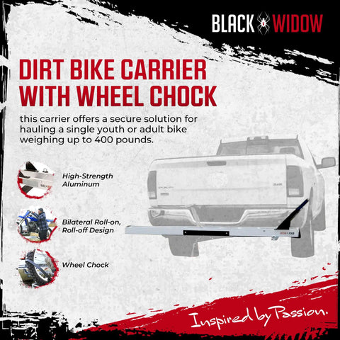 Motorcycle Hitch Carrier With Wheel Chock And Loading Ramp, Beefy Aluminum Build, 400 Lb Capacity, Anti-Rattle Design, Fits 2 Inch Receiver For Quick Trail Or Street Rides shown on a truck.
