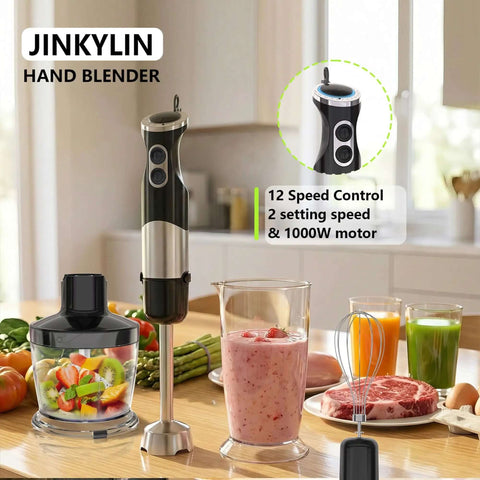 Powerhouse 800W 5 In 1 Handheld Immersion Blender With 12 Speeds surrounded by fruits, veggies, and drinks on a kitchen countertop.