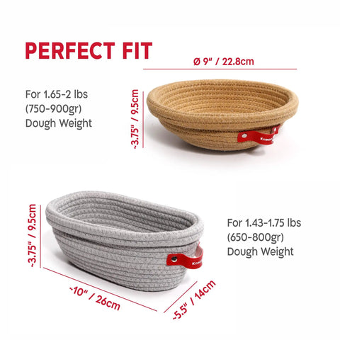 Cotton Rope Banneton Bread Proofing Basket Set With Liners And Covers showing oval and round baskets with size details