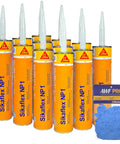 Premium Moisture Cured Polyurethane Sealant That Slaps Down A Hella Tight Bond On Any Project Without Primer And Keeps Fighting Off Weather In Smooth Stone Finish Pack Of 12 Heavy Duty Tubes arranged with blue gloves.