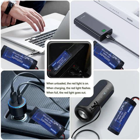 7.2V 5000mAh NiMH RC Battery Pack With Tamiya Plug shown charging from various devices with red light indicators