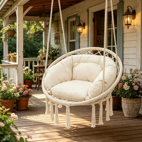 Hanging Hammock Chair Macrame Swing Chair With Cushion For Adults Teens Outdoor Porch Bedroom Backyard 350 Lb Capacity Tools Included Beige Boho Handcrafted Comfortable Relaxing Lounging on wooden porch with flowers