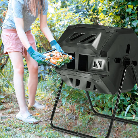 Heavy Duty 42 Gallon Dual Chamber Outdoor Compost Tumbler With Sliding Doors And Rotating Dual Batch System For Continuous Composting In The Garden Lawn Yard Kitchen Backyard Black