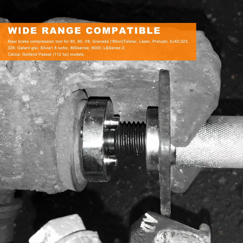 Close-up of brake piston wind back tool in use, Brake Piston Wind Back Tool Set 5 Pcs For Rear Disc Brakes Caliper Rewind Tools