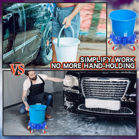 Get This 5 Gallon Bucket Dolly Cart With Swivel Casters For Easy Mobility shown in use during car wash, featuring blue bucket on casters.
