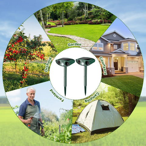 Ultrasonic Outdoor Animal Repellent Deterrent Solar Powered Waterproof Motion Sensor Two Pack Green For Yards Gardens And Lawns With No Nonsense Long Term Behavioral Training To Keep Pests And Wildlife At Bay. Two green spike units shown for garden, yard, campsite use