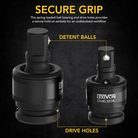 Beefy Impact Universal Joint Socket Set 3-Piece Swivel With Ball Spring Design showing detent balls and drive holes close-up.