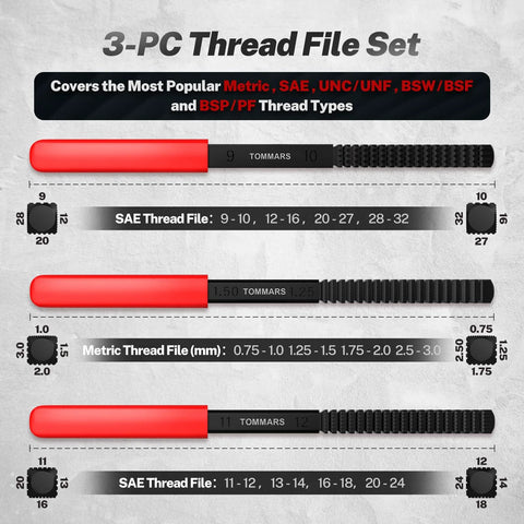 Three TOMMARS thread file set with red handles; shows SAE and metric thread sizes and restoration chart
