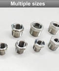 Set of stainless steel reducer hex bushings with MNPT to FNPT threads, 304 stainless pipe fittings, multiple sizes