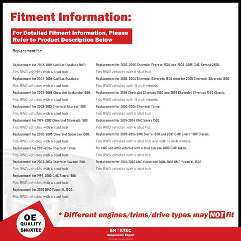 Fitment information for Beefy Front Pair Wheel Bearing Hub Assembly Replacement Drop In Fit For 2002 To 2006 Cadillac Escalade
