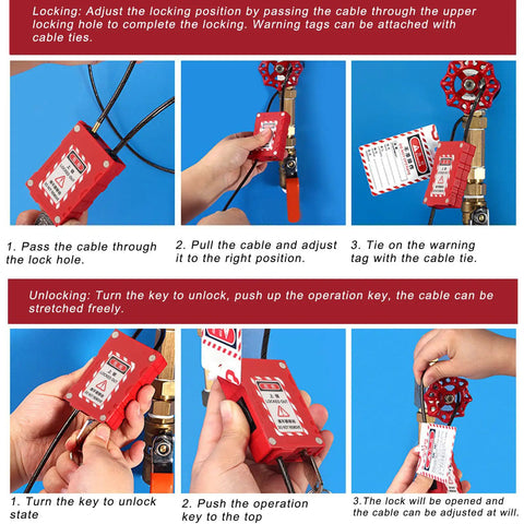Step-by-step use of Adjustable Cable Lock Padlock With Built In Cable, Rustproof and Heavy Duty Safety Lock for industrial use.