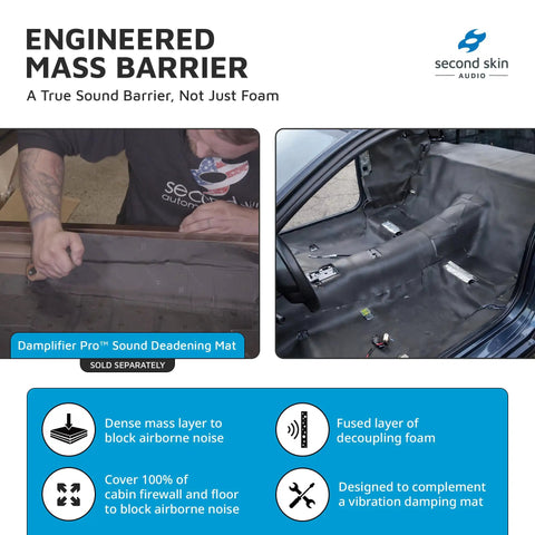 Top Shelf Mass Loaded Vinyl Sound Barrier With Closed Cell Foam adds acoustic defense during installation in a car interior.