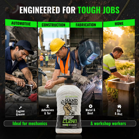 Heavy Duty Hand Cleaner For Mechanics With Pumice And Clay Infused Formula That Kicks Grease Oil And Grime Moisturizing Liquid Hand Soap For Shop Garage And Industrial Use 32 Oz with four images of workers in different job settings