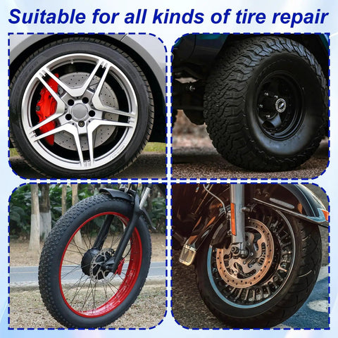 A Tough As Nails Three Piece Tire Reamer Drill Bit Set Featuring Sharp Carbide Burrs For No Sweat Flat Tire Repairs And Quick Roadside Fixes For Cars Trucks And Motorcycles displayed on various vehicle tires.
