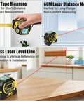 3-in-1 Laser Tape Measure with Cross Line Level,40m/131ft Laser Distance Meter,5m Auto-Lock Tape Measure,Digital Measuring Tool for Area/Volume/Pythagorean,ft/in/m Unit Switch–Yellow showing features of tape measure, laser distance, and level.