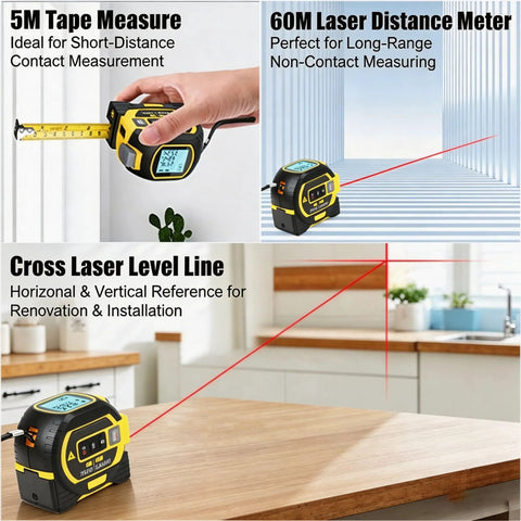 3-in-1 Laser Tape Measure with Cross Line Level,40m/131ft Laser Distance Meter,5m Auto-Lock Tape Measure,Digital Measuring Tool for Area/Volume/Pythagorean,ft/in/m Unit Switch–Yellow showing features of tape measure, laser distance, and level.