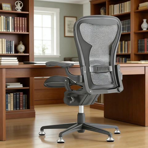 Ditch Those Dang Office Chair Casters With This 5 Pack Of Low Profile Bell Glides on an ergonomic office chair in a home office.