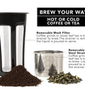 Removable mesh filter and stainless steel strainer for 40 Oz Thermal Coffee Carafe With Tea Infuser Stainless Steel Double Walled Vacuum Insulated Beverage Dispenser Keeps Coffee Hot Or Tea Cold For Hours Travel Ready Pot For Home Or Office On The Go