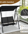Two Person Outdoor Swing With Adjustable Canopy Cozy Patio Loveseat Swing With Heavy Duty Metal Frame in backyard setting