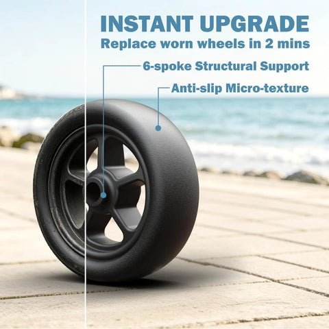 Close-up of 6-inch spoked wheel for Beefed Up 1500 Pound 6 Inch Boat Trailer Jack Wheel Replacement with beach background.