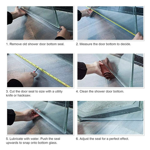 Steps to install 4 Pack Frameless Shower Door Bottom Seal For 3/8 Inch Glass Clear PVC Seal Strip Stops Leaks High Compression