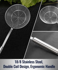 Solid Stainless Steel Spider Strainer Skimmer Ladle For Cooking And Frying with ergonomic handle, double coil design, 5.4 inch diameter