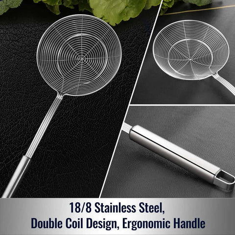 Solid Stainless Steel Spider Strainer Skimmer Ladle For Cooking And Frying with ergonomic handle, double coil design, 5.4 inch diameter