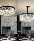 Black Modern Crystal Chandelier Dope Two Tier Round Flush Mount Pendant Light For Dining Room with crystal drops