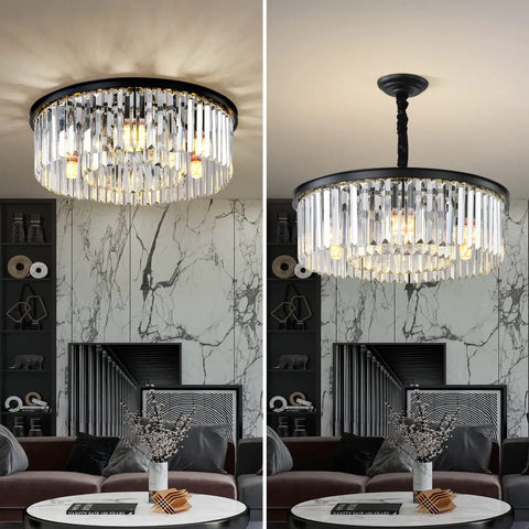 Black Modern Crystal Chandelier Dope Two Tier Round Flush Mount Pendant Light For Dining Room with crystal drops