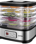 Top Shelf 5 Tray Electric Food Dehydrator Boasting A Slick Digital Led Touchscreen And Intuitive Temp Timer To Easily Whip Up Savory Beef Jerky Crispy Dried Fruit And Fresh Batch Snacks No Sweat Today with various fruits and veggies dehydrating.
