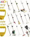 Back Saver Tool Handle Attachment for Shovels and Rakes, ergonomic offset grip shown on various garden tools with yellow handle detail.