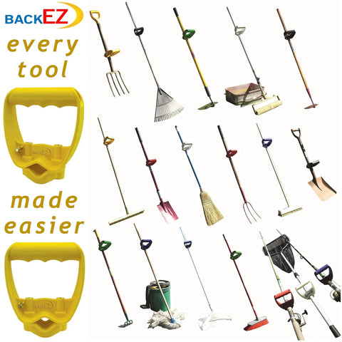 Back Saver Tool Handle Attachment for Shovels and Rakes, ergonomic offset grip shown on various garden tools with yellow handle detail.