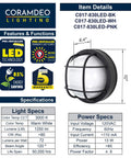 Specifications and feature graphic for Outdoor 10 Inch Round LED Nautical Bulkhead Light Flush Mount for Wall or Ceiling, Wet Location Rated