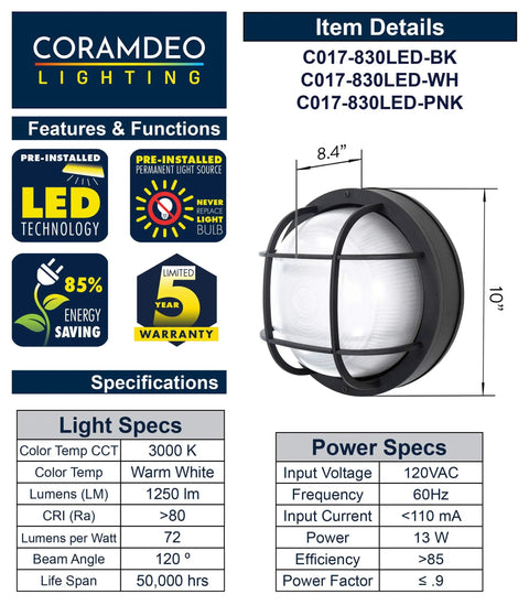 Specifications and feature graphic for Outdoor 10 Inch Round LED Nautical Bulkhead Light Flush Mount for Wall or Ceiling, Wet Location Rated