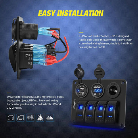 Four Gang Rocker Switch Panel Waterproof Aluminum Pre Wired With Plug And Play Dual USB Ports And Cigarette Lighter Socket