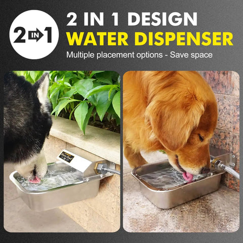 Dogs drinking from a 3 Liter Stainless Steel Faucet Bowl, No Fuss Automatic Water Dispenser For Dogs And Livestock, self filling design.