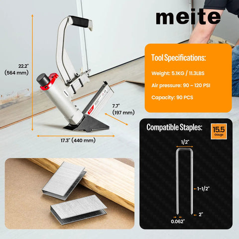 Heavy Duty Pneumatic Flooring Nailer With Rubber Mallet For Fast Hardwood And Engineered Wood Installations, showing dimensions and specifications.