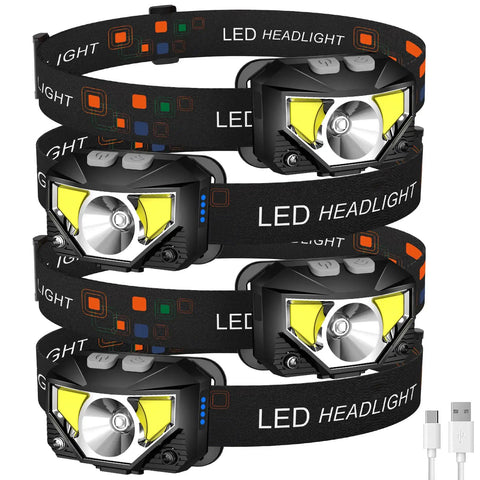 Ultra Bright Rechargeable Headlamp 4 Pack With White And Red Light Waterproof Motion Sensor Headlamp 8 Modes shown stacked