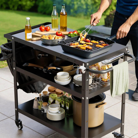 Beefy Outdoor Grill Cart With Wheels, Pizza Oven Stand And Prep Table For Patio And Backyard, hosting food and drinks.