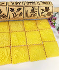 Spring Flowers Embossing Rolling Pin With 16 Floral Squares For Dough And Clay, Deep Pattern Beech Wood Roller for embossed cookies