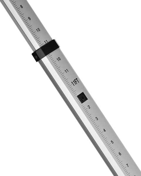 16-Foot Aluminum Grade Leveling Rod Dual-Sided 5-Section Telescopic With Bubble Level Red Foot Markings 10ths Weather-Resistant Graduations Lightweight Built Tough Construction Includes Soft Carrying Case, close-up of 11 ft section
