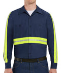 Men Heavy Duty High Visibility Work Shirt With Moisture Wicking Fabric And Bold Reflective Safety Strips Built Tough As Nails For The Daily Grind And All Day Comfort In Navy Yellow Green 3x Large front view with reflective stripes