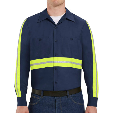 Men Heavy Duty High Visibility Work Shirt With Moisture Wicking Fabric And Bold Reflective Safety Strips Built Tough As Nails For The Daily Grind And All Day Comfort In Navy Yellow Green 3x Large front view with reflective stripes