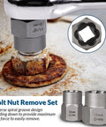 Close-up of bolt nut remover set in use on rusty bolt, showing reverse spiral groove design for grip