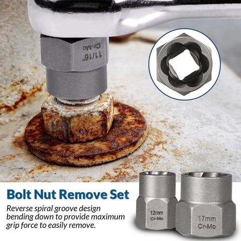 Close-up of bolt nut remover set in use on rusty bolt, showing reverse spiral groove design for grip