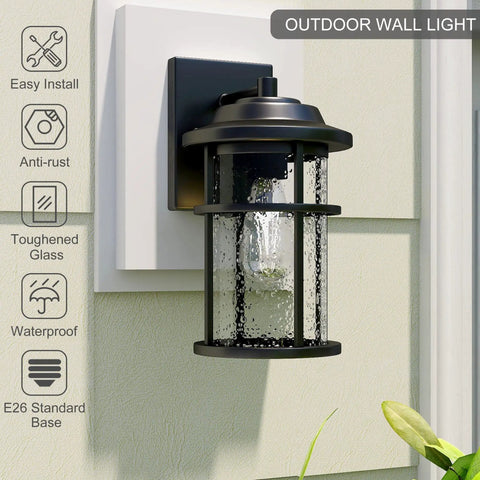 Modern Outdoor Wall Light With Seeded Glass Shade, Waterproof Anti Rust Black Exterior Sconce, E26 Socket Front Porch Light