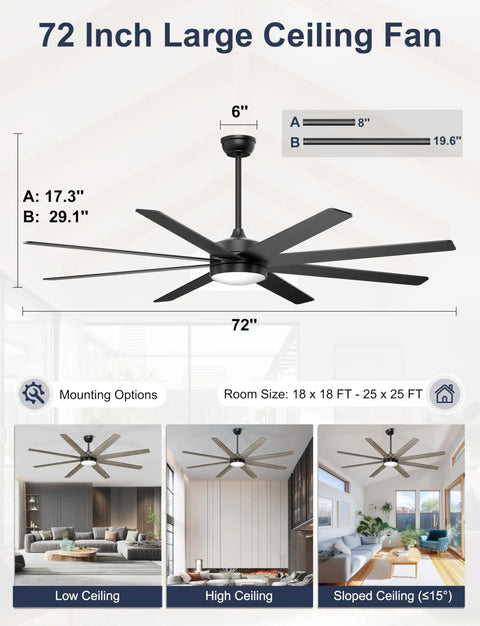 Big 72 Inch Ceiling Fan With Lights Remote Or App Control Dimmable LED Lighting Quiet DC Motor For Indoor Or Covered Rooms