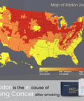 Map of USA radon zones with Plug In Radon Detector For Home And Office With Round The Clock Audible Siren displayed.